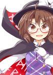  :d aki_chimaki brown_eyes brown_hair cape glasses hat open_mouth red-framed_eyewear runes shirt smile solo touhou usami_sumireko v-shaped_eyebrows vest 