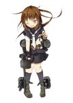  adapted_turret belt black_legwear black_serafuku black_skirt brown_eyes brown_hair full_body fumizuki_(kantai_collection) gun holding holding_gun holding_weapon kantai_collection kneehighs long_hair necktie official_art one_eye_closed open_mouth school_uniform serafuku shirt skirt socks solo torn_clothes torn_shirt torn_skirt transparent_background weapon white_neckwear yadokari_(migihashi) 