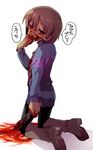  blood blood_on_face bloody_clothes bloody_hands bloody_knife bloody_weapon boots brown_hair dark_persona frisk_(undertale) highres knife leggings shirt short_hair shorts smile solo striped striped_shirt suno_(imydream) translated undertale weapon 