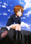  absurdres anglerfish black_legwear boots brown_eyes brown_hair chin_rest emblem girls_und_panzer ground_vehicle hands_on_own_cheeks hands_on_own_face highres military military_uniform military_vehicle motor_vehicle nishizumi_miho official_art on_vehicle ooarai_military_uniform panzerkampfwagen_iv pleated_skirt short_hair sitting skirt solo tank uniform white_skirt 
