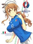  blush breasts brown_eyes brown_hair euro_2016 fujii_jun hat italian_flag italy kantai_collection large_breasts littorio_(kantai_collection) long_hair looking_at_viewer ponytail shorts smile soccer soccer_uniform solo sportswear wavy_hair 