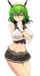  &gt;:) alternate_costume bare_shoulders black_skirt breast_hold breasts cleavage commentary cosplay cowboy_shot gloves green_hair groin hairband haji_(hajiko) headgear kantai_collection kazami_yuuka large_breasts looking_at_viewer medium_breasts midriff miniskirt mutsu_(kantai_collection) mutsu_(kantai_collection)_(cosplay) pleated_skirt radio_antenna red_eyes short_hair skirt sleeveless smile solo sweat touhou tsurime v-shaped_eyebrows white_background white_gloves 