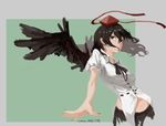 2016 \||/ bad_id bad_pixiv_id bangs black_hair black_neckwear black_ribbon black_skirt black_wings breasts buttons closed_mouth collared_shirt cowboy_shot dated dress_shirt fingernails floating_hair frown hair_between_eyes hat long_fingernails nail_polish navel neck_ribbon outside_border outstretched_arm pointy_ears puffy_short_sleeves puffy_sleeves red_eyes red_nails ribbon ribbon_trim shameimaru_aya shirt short_sleeves skirt small_breasts solo stomach tokin_hat touhou wall_deadline white_shirt wings 
