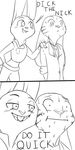  2016 anthro bedroom_eyes buckteeth clothed clothing comic disney dotaluit duo english_text female fur half-closed_eyes humor jack_savage judy_hopps lagomorph male mammal monochrome naughty_face necktie nervous police_uniform rabbit seductive smile suggestive suit sweat teeth text uniform what wide_eyed zootopia 