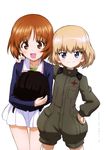  :d absurdres blonde_hair blue_eyes brown_eyes brown_hair eyebrows eyebrows_visible_through_hair girls_und_panzer hand_on_another's_shoulder hand_on_hip headwear_removed helmet helmet_removed highres holding holding_helmet katyusha military military_uniform multiple_girls nishizumi_miho official_art ooarai_military_uniform open_mouth pravda_military_uniform short_hair skirt smile uniform white_skirt 