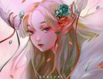  blonde_hair blue_flower blue_ribbon blue_rose closed_mouth expressionless eyelashes flower hair_flower hair_ornament horn_ornament horn_ribbon horns long_hair numyumy original petals portrait purple_eyes red_flower red_lips red_ribbon red_rose ribbon rose solo upper_body 