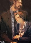 1girl absurdres beard bite_mark blood brown_hair collarbone dated earrings facial_hair fangs formal highres jewelry looking_to_the_side mole mole_under_eye necktie original profile short_hair signature sitting sitting_on_lap sitting_on_person suit vampire zennosuke 