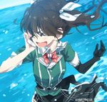  artist_name black_gloves black_skirt blue_background blurry bow bowtie brown_eyes brown_hair buttons cellphone chromatic_aberration elbow_gloves gloves green_jacket hair_between_eyes hair_ribbon holding holding_phone jacket kantai_collection open_mouth phone red_bow red_neckwear remodel_(kantai_collection) ribbon short_sleeves single_glove sketch skirt smartphone solo talking_on_phone text_focus tomato_(lsj44867) tone_(kantai_collection) tongue twintails upper_body water water_drop watermark weibo_username white_ribbon 