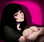  artstation_sample black_eyes black_hair green_shirt head_tilt highres ilya_kuvshinov_(style) image_sample jungon_kim leg_hug long_hair original pink_background shirt short_sleeves silhouette solo 