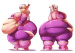  animal_humanoid anthro belly big_belly big_breasts big_butt blue_eyes breasts butt cat_humanoid clothed clothing feline female hair huge_breasts huge_butt humanoid hyper hyper_belly looking_back mammal obese overweight side_view simple_background smile solo sveta torn_clothing trinity-fate62 