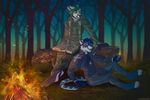  anthro bonfire book cervine clothed clothing deer duo etsu_cuprumfox fangs feline forest horn male mammal open_mouth outside sitting smile teeth tiger tongue tree 