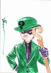  1boy artist_signature batman_(series) bowler_hat cane dc_comics domino_mask dustin_nguyen hat male_focus mask necktie question_mark_print simple_background solo suit the_riddler 