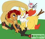  2016 animal_genitalia animal_penis anthro ballbusting balls blush braixen canine canine_penis cock_and_ball_torture domination duo female female_domination grin hi_res hindpaw male male/female mammal nikinazu nintendo nude ouch pawpads paws penis pok&eacute;mon questionable_consent scrafty simple_background sitting spread_legs spreading squeezing tears video_games 