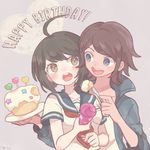  1girl ahoge artist_name asahina_yuuta black_hair blue_eyes blush brown_hair cake danganronpa feeding food fork green_eyes happy_birthday heart mikuni_(open-ranka) naegi_komaru party_popper school_uniform serafuku short_hair simple_background smile tan tan_background upper_body zettai_zetsubou_shoujo 