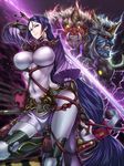  bodysuit breasts covered_navel electricity fate/grand_order fate_(series) highres katana large_breasts leg_lift long_hair low-tied_long_hair minamoto_no_raikou_(fate/grand_order) oni purple_eyes purple_hair sword thighs very_long_hair weapon yusuki_(fukumen) 