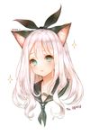  :&lt; animal_ears black_ribbon blue_eyes blush cat_ears collarbone hair_ribbon head_tilt highres long_hair looking_at_viewer neckerchief original portrait ribbon sailor_collar shal.e simple_background solo sparkle twitter_username white_background white_hair 