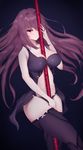  adapted_costume babydoll between_breasts breasts fate/grand_order fate_(series) gae_bolg gbsn highres large_breasts long_hair looking_at_viewer md5_mismatch polearm purple_hair red_eyes scathach_(fate)_(all) scathach_(fate/grand_order) solo spear thighhighs weapon 