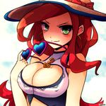  bare_shoulders breasts cleavage cleavage_cutout covered_nipples earrings green_eyes hat hat_ribbon heart heart-shaped_eyewear hoop_earrings jewelry large_breasts league_of_legends long_hair looking_at_viewer pool_party_miss_fortune red_hair ribbon sarah_fortune solo stchi.wong 