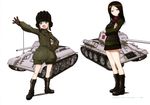 absurdres artist_request black_hair black_skirt blonde_hair blue_eyes boots brown_gloves copyright_name crossed_arms emblem fang girls_und_panzer gloves ground_vehicle hand_on_hip helmet highres katyusha long_hair looking_at_viewer military military_uniform military_vehicle motor_vehicle multiple_girls nonna official_art open_mouth pleated_skirt pravda_(emblem) pravda_military_uniform short_hair simple_background skirt t-34 tank uniform white_background 