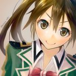  &gt;:) bow brown_eyes brown_hair dutch_angle hair_between_eyes jacket kantai_collection kotsuru_kari long_hair looking_at_viewer remodel_(kantai_collection) smile solo tone_(kantai_collection) twintails twitter_username upper_body v-shaped_eyebrows 