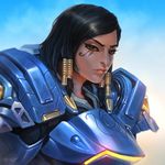  artist_name black_hair blue_background brown_eyes dark_skin dcwj eye_of_horus eyebrows eyelashes facial_mark facial_tattoo gradient gradient_background hair_tubes lips looking_at_viewer nose overwatch pharah_(overwatch) power_armor signature solo tattoo upper_body white_background 