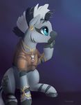  armlet armor black_hair blue_eyes cutie_mark ear_piercing equine fan_character feral hair hooves horse jewelry mammal my_little_pony necklace piercing pony simple_background sitting smile solo viwrastupr white_hair zebra 