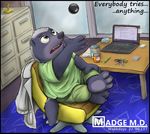  2016 404bot anthro chair clothed clothing computer desk detailed_background disney female honey_badger laptop madge_honey_badger mammal mustelid sitting solo zootopia 