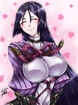  bodysuit breasts closed_eyes fate/grand_order fate_(series) highres large_breasts long_hair minamoto_no_raikou_(fate/grand_order) purple_hair signature smile solo very_long_hair yusuki_(fukumen) 