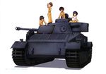  absurdres bangs black_footwear brown_eyes brown_hair girls_und_panzer gloves ground_vehicle highres hoshino_(girls_und_panzer) jumpsuit long_sleeves military military_vehicle motor_vehicle multiple_girls nakajima_(girls_und_panzer) official_art shirt shoes short_hair suzuki_(girls_und_panzer) tank tiger_(p) tsuchiya_(girls_und_panzer) white_background white_gloves white_shirt 