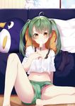  ahoge bad_id bad_pixiv_id bangs barefoot blush breasts casual circle cleavage collarbone couch dripping eyebrows eyebrows_visible_through_hair eyelashes failure_penguin food food_in_mouth green_hair hair_ornament highres kantai_collection legs long_hair looking_at_viewer midriff miyakura_shiiha mouth_hold navel panties pillow pink_panties popsicle shirt short_shorts shorts sitting small_breasts solo spread_legs sweat t-shirt twintails twitter_username underwear upshorts yellow_eyes zuikaku_(kantai_collection) 