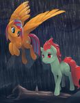  blue_eyes duo earth_pony equine eyelashes fan_character feathered_wings feathers female flying hair hooves horse mammal my_little_pony pegasus pony raining red_eyes red_hair smile standing viwrastupr wings 