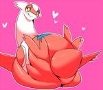  &lt;3 2016 blush dragon dragon_type feathers female feral funi latias legendary_pok&eacute;mon looking_at_viewer lying nintendo nude on_back pok&eacute;mon psychic_type simple_background smile solo spreading tongue video_games white_feathers wings yellow_eyes 