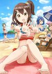  barefoot beach beach_chair beach_umbrella bikini blush breasts brown_eyes brown_hair cleavage cloud day embarrassed ganaha_hibiki hair_ornament high_ponytail idolmaster idolmaster_(classic) idolmaster_million_live! innertube kasuga_mirai large_breasts looking_at_viewer multiple_girls nagayoshi_subaru nasuna navel one_side_up open_mouth outdoors outstretched_arms ponytail sitting sky small_breasts smile swimsuit tenkuubashi_tomoka toyokawa_fuuka umbrella 