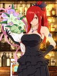 absurdres arm_tattoo bare_shoulders black_dress black_gloves bouquet breasts brown_eyes cleavage dress erza_scarlet fairy_tail flower frilled_dress frills gloves hair_over_one_eye hair_ribbon hand_on_hip highres jewelry large_breasts long_hair looking_at_viewer necklace planeptune ponytail red_hair ribbon solo strapless strapless_dress tattoo 