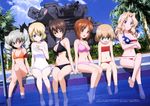  :d absurdres american_flag_bikini anchovy anglerfish arm_support barefoot bikini blonde_hair blue_eyes breasts brown_eyes brown_hair casual_one-piece_swimsuit cleavage cloud criss-cross_halter crossed_arms darjeeling day dutch_angle emblem fang flag_print frilled_swimsuit frills front-tie_top girls_und_panzer green_hair ground_vehicle halter_top halterneck hand_on_own_chest highres katyusha kay_(girls_und_panzer) large_breasts lineup long_hair medium_breasts military military_vehicle motor_vehicle multiple_girls navel nishizumi_maho nishizumi_miho official_art one-piece_swimsuit open_mouth palm_tree panzerkampfwagen_iv pool short_hair sky small_breasts smile soaking_feet swimsuit tank tree twintails v-shaped_eyebrows white_swimsuit 