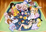  absurdres alisa_(girls_und_panzer) alternate_hairstyle american_flag american_flag_print anchovy assam barefoot blonde_hair brown_hair cookie cup darjeeling drinking_glass flag_print food girls_und_panzer green_hair hair_brushing hair_down highres hood hoodie itsumi_erika katyusha kay_(girls_und_panzer) long_hair multiple_girls naomi_(girls_und_panzer) nightgown nishizumi_maho nishizumi_miho nonna official_art orange_pekoe pajamas pillow pizza popcorn print_pillow short_hair shorts silver_hair sleepover sleeveless sleeveless_hoodie soda_bottle tank_top teacup tears twintails 