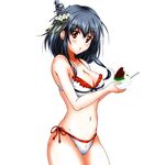  :o angry bare_shoulders bikini black_hair blush bowl breasts cleavage hair_ornament kantai_collection large_breasts looking_at_viewer midriff mikuri_ouda navel red_eyes shaved_ice short_hair side-tie_bikini simple_background solo spoon swimsuit white_background yamashiro_(kantai_collection) 