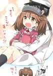  1girl absurdres admiral_(kantai_collection) anger_vein black_hair brown_eyes brown_hair commentary flying_sweatdrops hat highres hug hug_from_behind imagining japanese_clothes kantai_collection kariginu long_hair magatama open_mouth peaked_cap ryuki_(ryukisukune) ryuujou_(kantai_collection) sitting sitting_on_person translated twintails visor_cap 