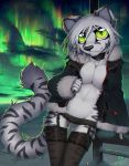  anthro arm_support aurora_borealis big_eyes breasts featureless_breasts feline female garter_straps green_eyes hair looking_at_viewer macmegagerc mammal open_jacket outside pantherine smile solo tiger wanessa white_hair 