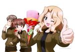  ;d absurdres alisa_(girls_und_panzer) arm_up black_shirt blonde_hair blue_eyes brown_eyes brown_hair collarbone eating eyebrows eyebrows_visible_through_hair food foreshortening girls_und_panzer green_jacket highres holding holding_food jacket kay_(girls_und_panzer) long_sleeves looking_at_viewer military military_uniform multiple_girls naomi_(girls_und_panzer) official_art one_eye_closed open_clothes open_jacket open_mouth profile saunders_military_uniform shirt short_hair simple_background smile sweatdrop thumbs_up twintails uniform upper_body wavy_hair white_background 