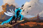  black_skin blue_eyes blue_hair changeling day detailed_background drone_(mlp) female feral friendship_is_magic hair horn long_hair looking_at_viewer my_little_pony outside queen_chrysalis_(mlp) sky solo standing viwrastupr wings 