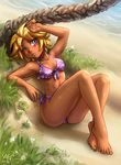  barefoot beach bikini blonde_hair blue_eyes blush dark_skin feet grass legs maxa' navel one_eye_closed outdoors palm_tree short_hair solo swimsuit tild_-_mage_a_louer tild_framith toes tree water 