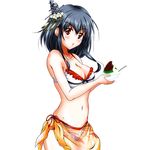  :o angry bare_shoulders bikini black_hair blush bowl breasts cleavage hair_ornament kantai_collection large_breasts looking_at_viewer midriff mikuri_ouda navel red_eyes sarong shaved_ice short_hair side-tie_bikini simple_background solo spoon swimsuit white_background yamashiro_(kantai_collection) 