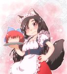  adapted_costume alternate_costume animal_ears apron blush brown_hair closed_eyes cowboy_shot disembodied_head doily enmaided expressionless fang fang_out gradient gradient_background hair_ribbon hand_on_hip head imaizumi_kagerou long_hair looking_at_viewer maid maid_apron maid_headdress matty_(zuwzi) multiple_girls pink_background puffy_short_sleeves puffy_sleeves red_eyes red_hair ribbon saucer sekibanki short_sleeves tail touhou tray underbust wolf_ears wolf_tail 