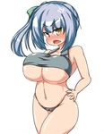  1girl angry blue_hair blush breasts cameltoe female hair_ornament hair_ribbon huge_breasts kantai_collection kasumi_(kantai_collection) looking_at_viewer moyashi_udon navel no_pants panties ribbon side_ponytail simple_background solo standing tank_top underboob white_background yellow_eyes 
