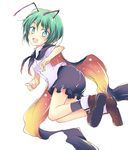  :d antennae black_legwear black_shorts blush brown_footwear cape commentary_request full_body green_eyes green_hair looking_at_viewer open_mouth shirt shoes short_hair short_sleeves shorts smile solo suichuu_hanabi touhou white_background white_shirt wriggle_nightbug 