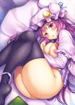  :o ass black_legwear blush bottomless breasts bun_cover capelet condom_wrapper crescent crescent_hair_ornament dress hair_ornament hat highres long_hair long_sleeves looking_at_viewer lying medium_breasts mob_cap nipples panties panties_around_one_leg patchouli_knowledge purple_eyes purple_hair snowcanvas solo striped striped_dress thighhighs touhou underwear 