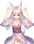  animal_ears arms_up claw_pose collarbone cowboy_shot eyebrows eyebrows_visible_through_hair fingernails flat_chest fox_ears fox_tail hair_ribbon japanese_clothes kimono long_hair munuu nail_polish no_panties obi open_mouth original red_eyes ribbon sash sharp_fingernails snowflake_print solo tail teeth transparent_background white_hair wide_sleeves 