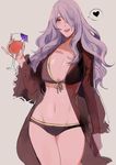  bikini black_bikini breasts camilla_(fire_emblem_if) cleavage coat cocktail cocktail_glass cocktail_umbrella cup drink drinking_glass fire_emblem fire_emblem_if hair_over_one_eye heart large_breasts long_hair navel open_mouth purple_eyes purple_hair see-through sketch smile solo swimsuit very_long_hair ywrkiart 