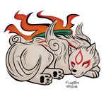 amaterasu ambiguous_gender canine deity feral fire fur fuzzt0ne mammal markings pawpads red_markings shield sleeping solo video_games white_fur wolf ōkami 